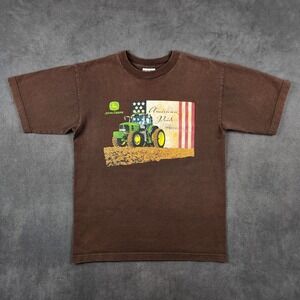 Vintage John Deere Shirt Mens Medium Brown American Pride Tractor Bayside USA